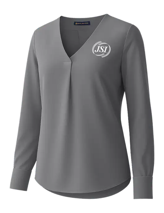 Brooks Brothers Womens Medium Grey Open-Neck Satin Blouse  w/JSI Logo
