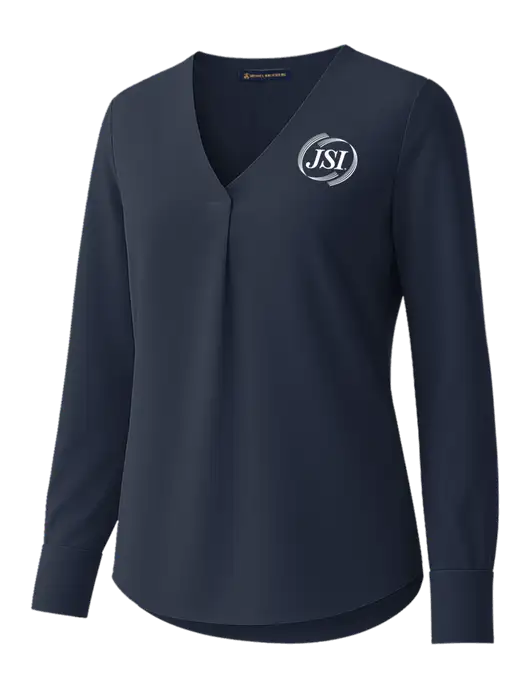Brooks Brothers Womens Dark Navy Open-Neck Satin Blouse  w/JSI Logo