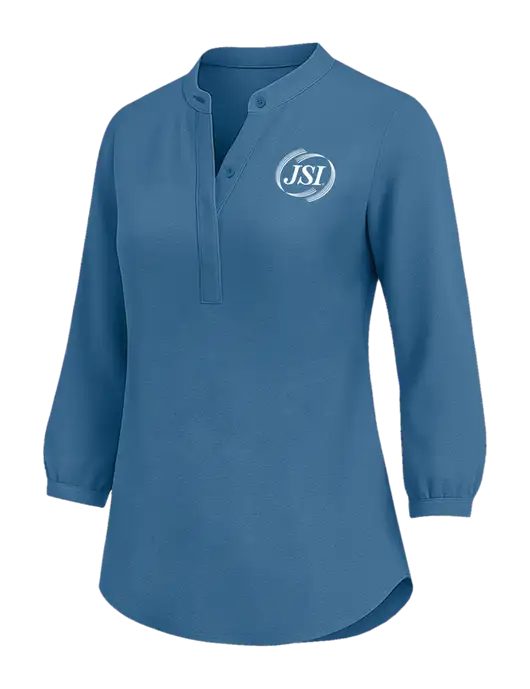 Womens Three Quarter-Sleeve Textured Light Navy Crepe Tunic w/JSI Logo
