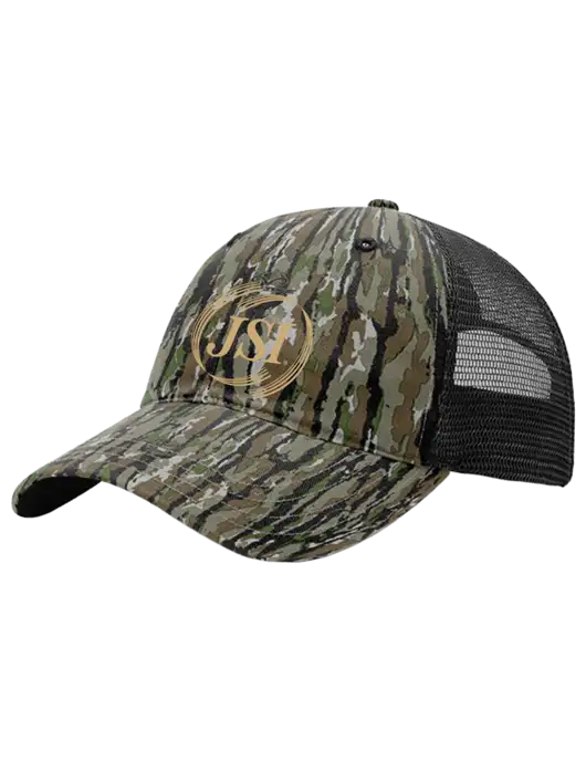 Richardson 111P Garment Washed Printed Hunter Camo/Black Trucker Cap w/JSI Logo